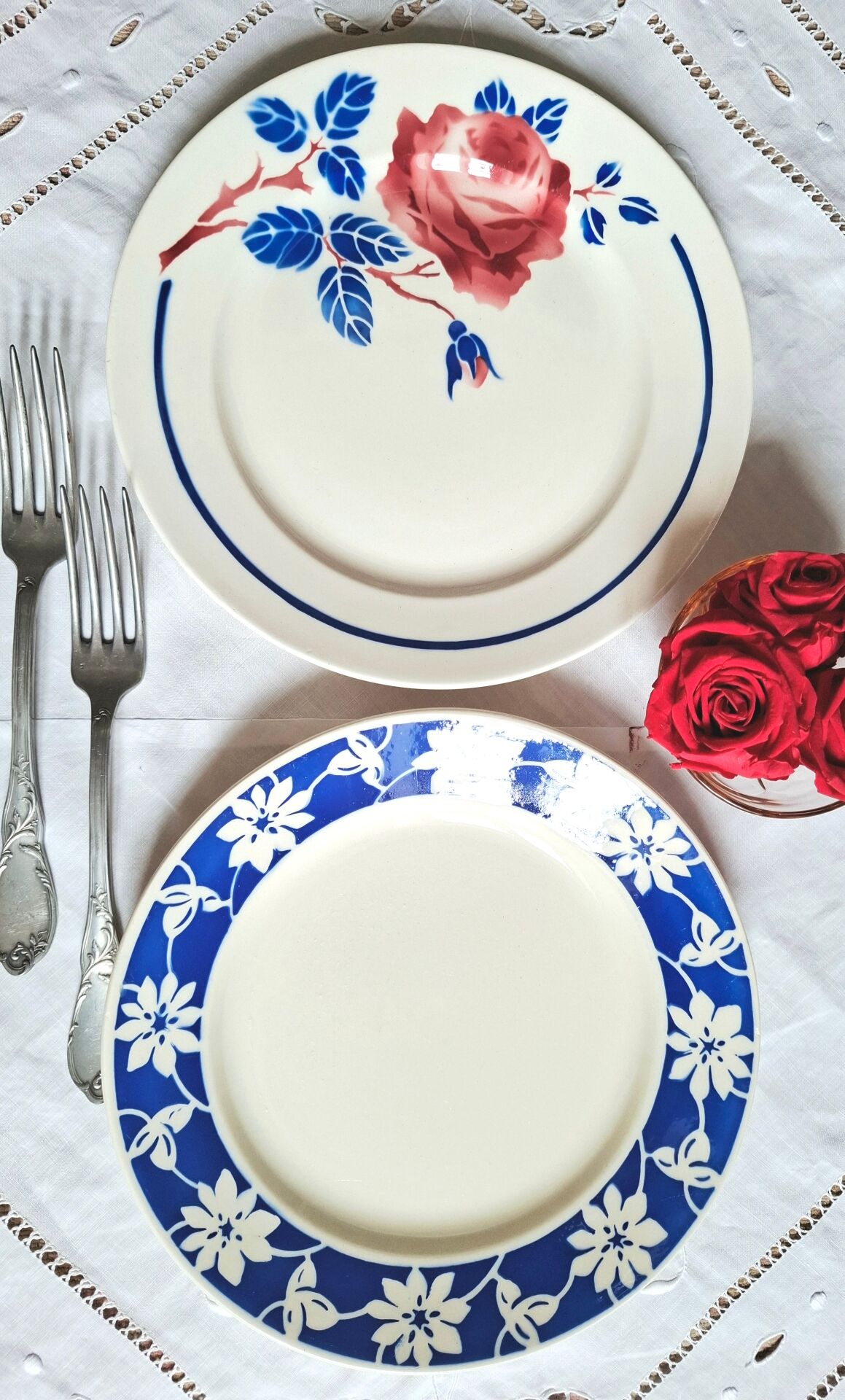 Old mismatched flat plates in earthenware
