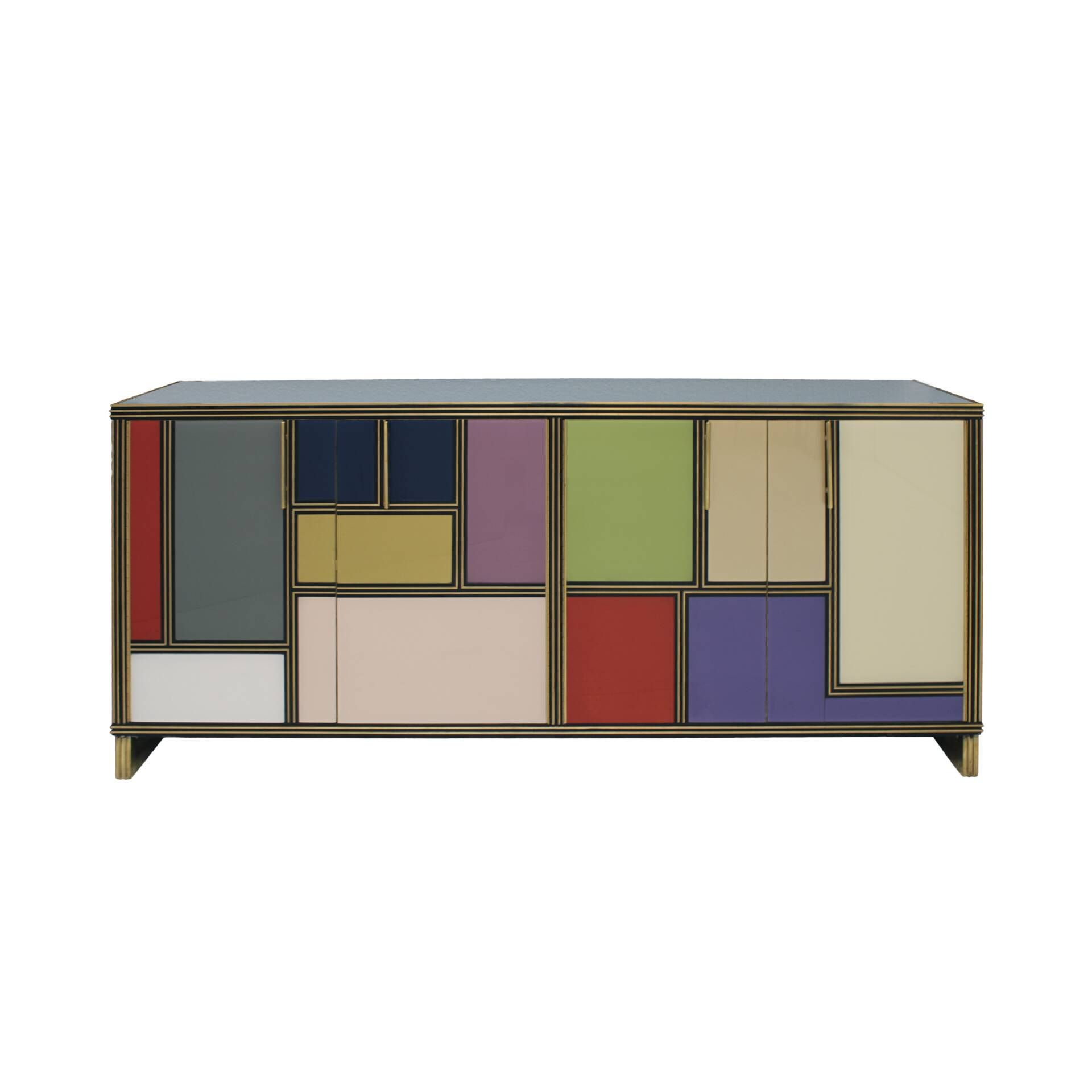 Mid-Century Modern Style Wood Colored Glass and Brass Italian Sideboard