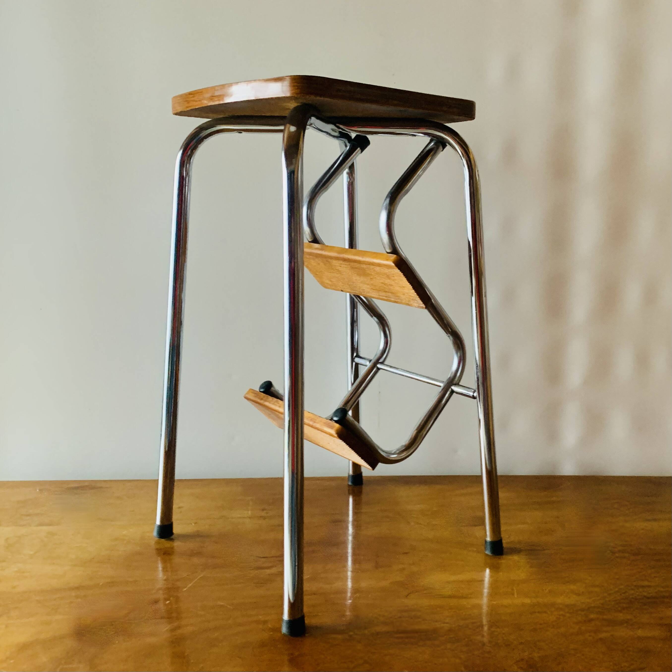 Vintage step stool in brown formica and chrome steel
