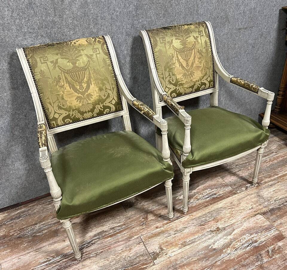 Pair of Louis XVI style armchairs in lacquered wood circa 1850 (B)