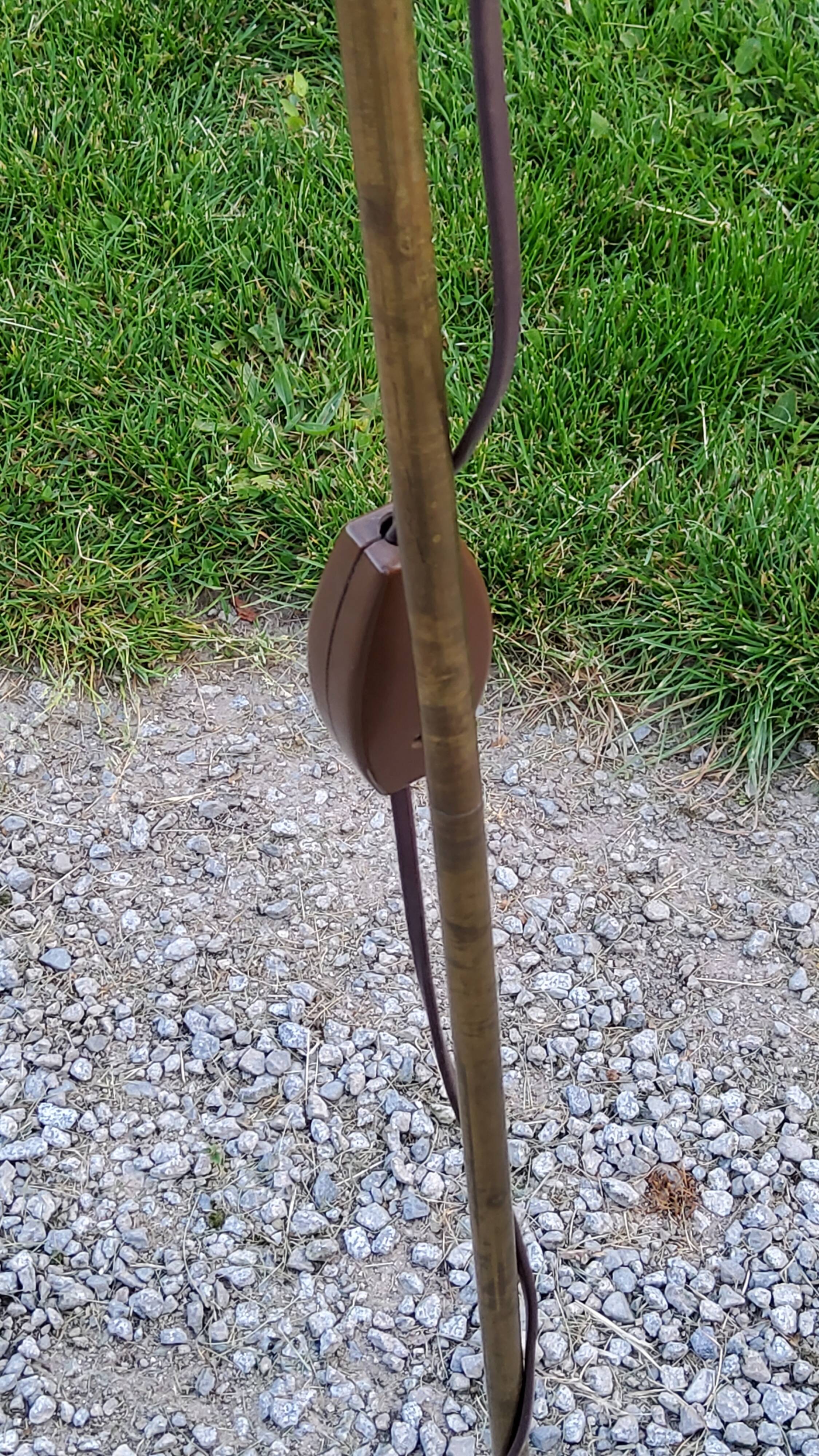Floor lamp of the 70s in gilded brass lacquered beige metal and brown plastic 2 spots