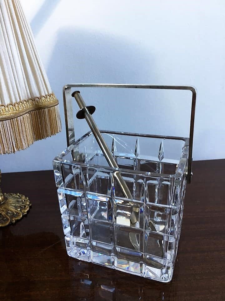 Very graphic ice bucket in cut glass and chrome handle