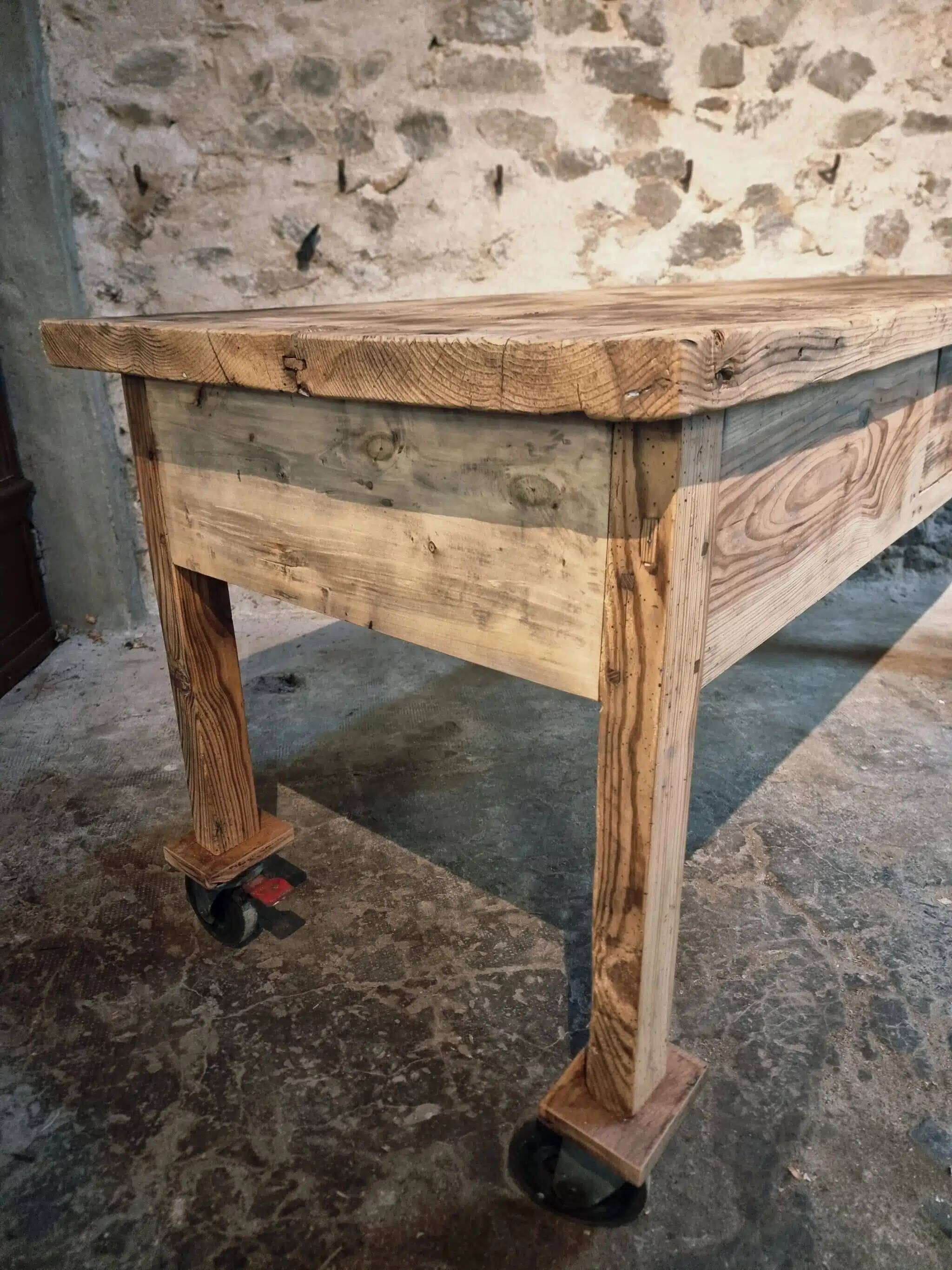 Vintage French pine work table, 1930s industrial kitchen island with drawer and casters
