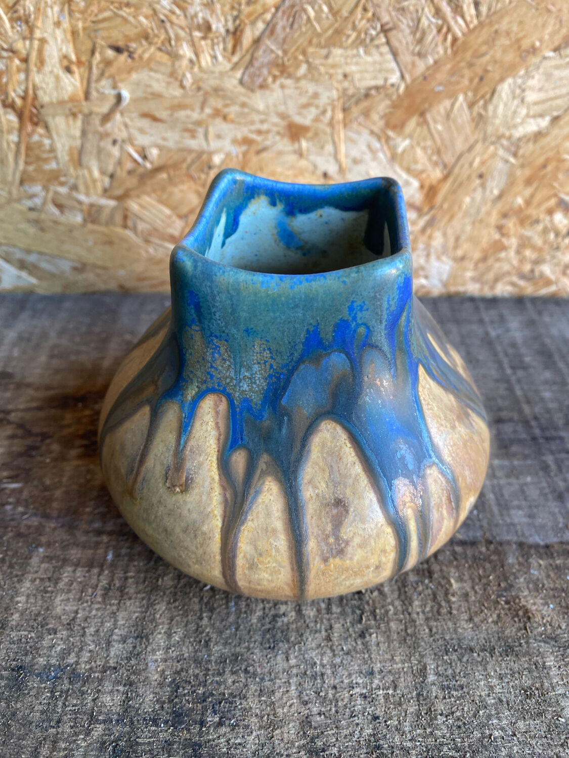 Ancient Vase GILBERT METENIER Beige Stoneware Blue Glazes Vallauris Vintage