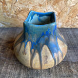 Ancient Vase GILBERT METENIER Beige Stoneware Blue Glazes Vallauris Vintage