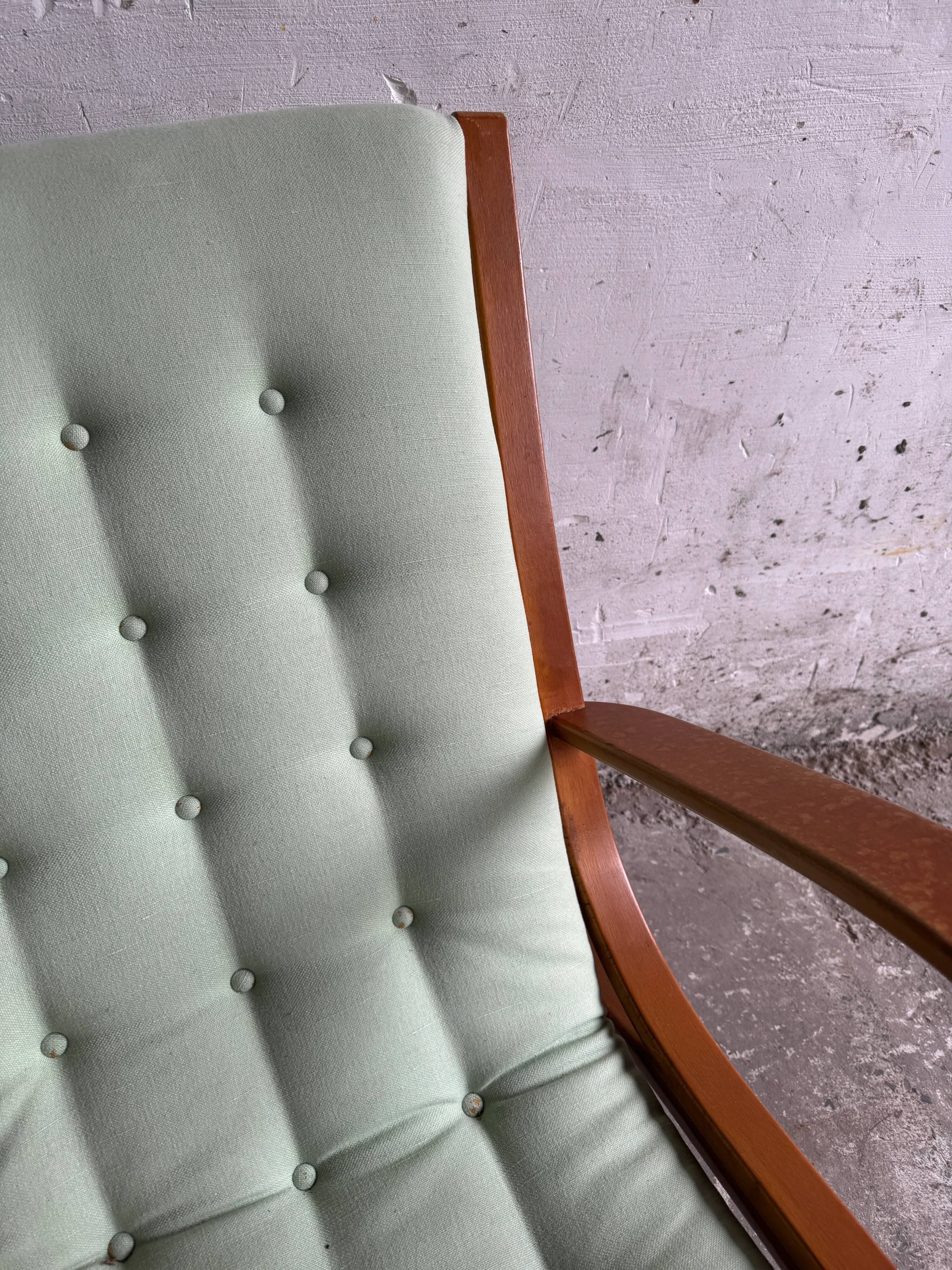 Set of 2 Vintage Mint Green Upholstered Lounge Chairs with Honey Wood Frames