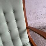 Set of 2 Vintage Mint Green Upholstered Lounge Chairs with Honey Wood Frames