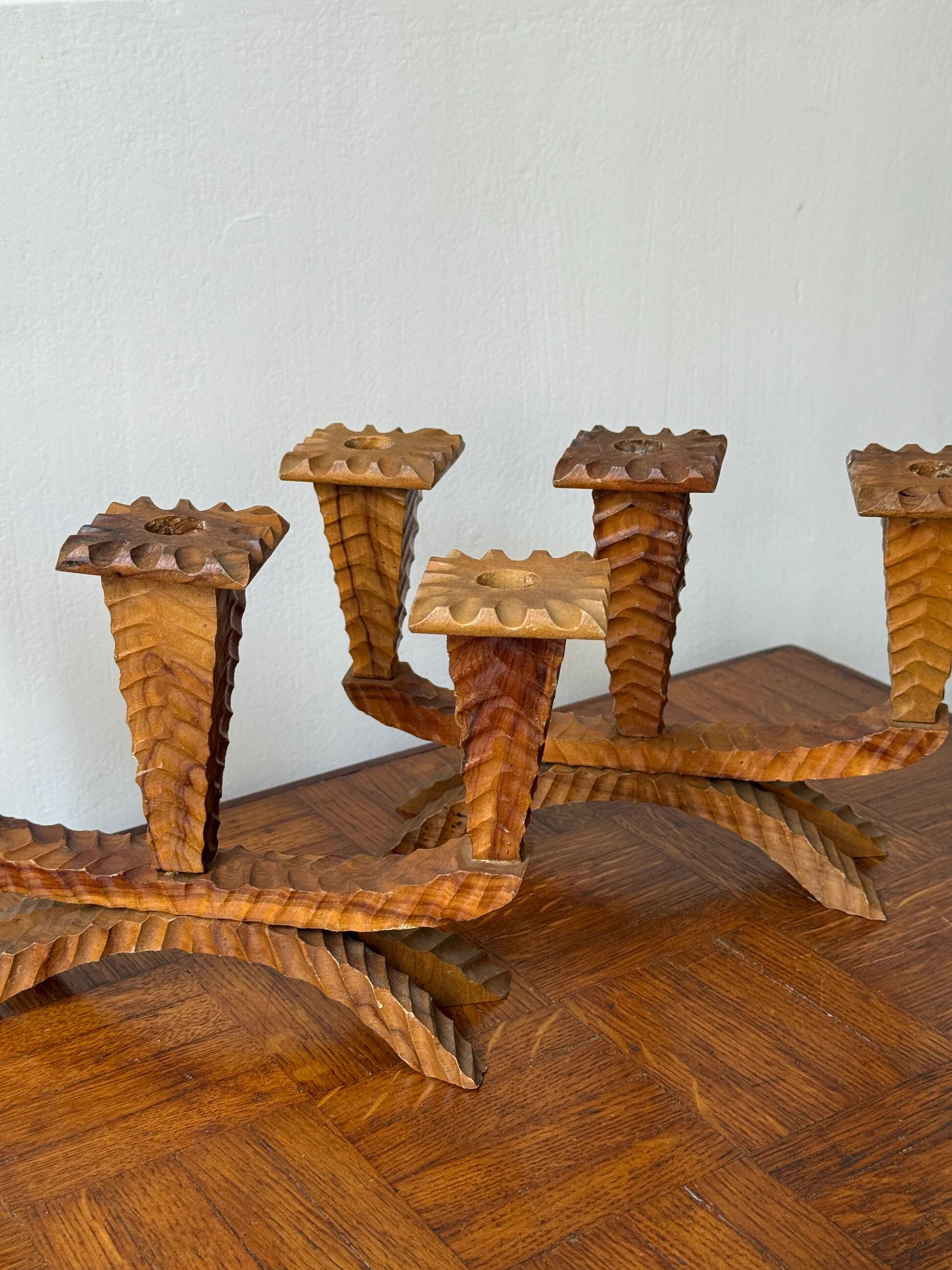 Pair of carved wooden candlesticks - 3 branches
