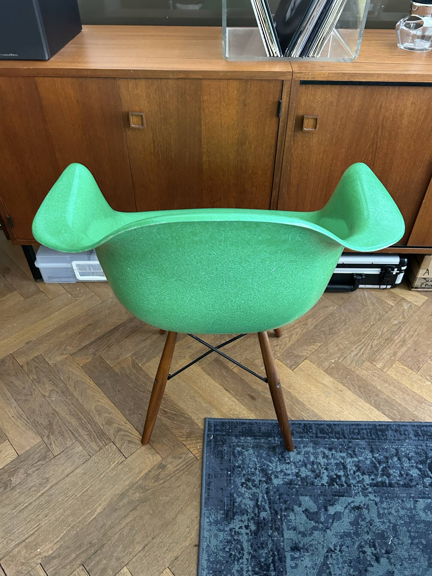 Ray and Charles Eames Fibreglass Arm Shell Dowel Chair Green