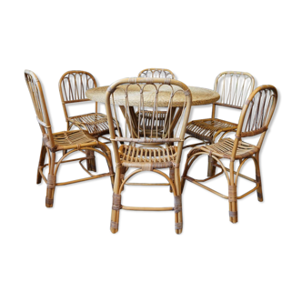 Wicker dining table & 6 'peacock' style chairs 1970