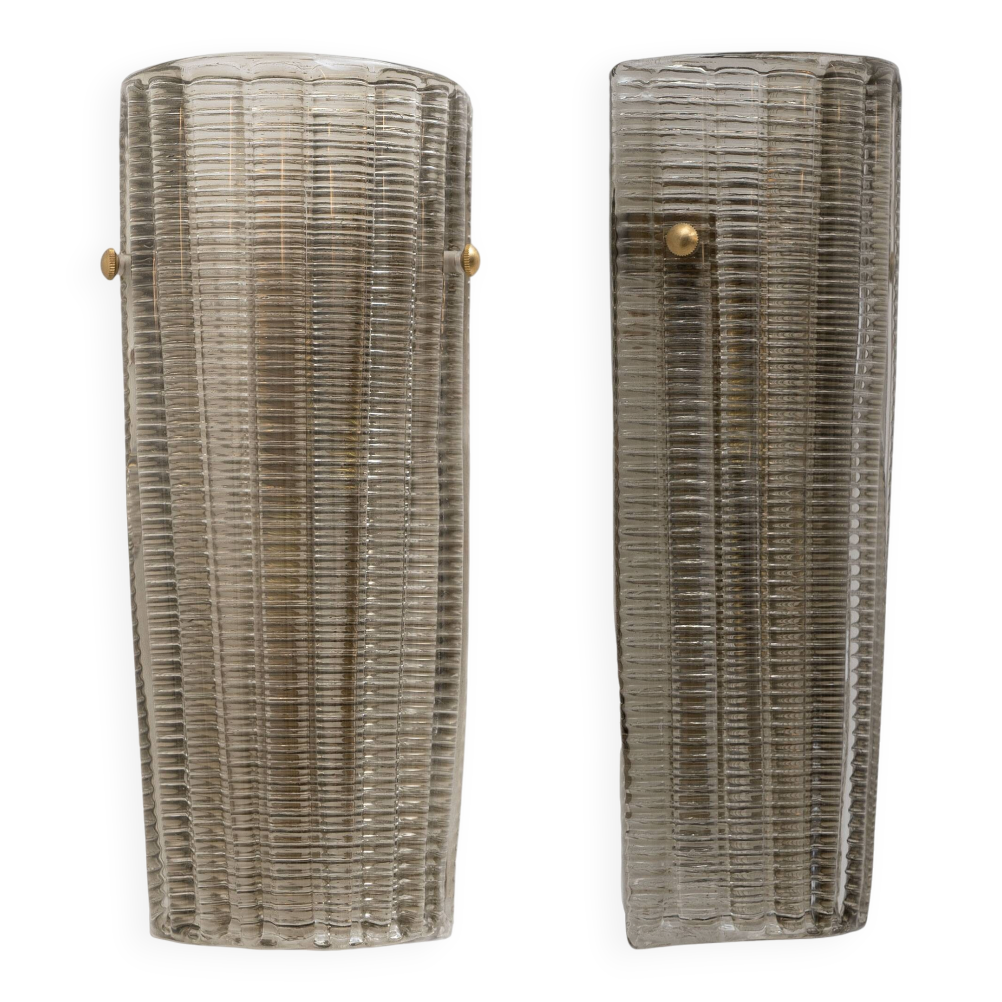 Pair of Murano Glass Wall Sconces Smoke Glass and Brass, Italy