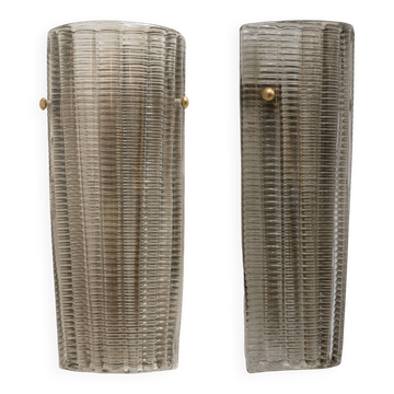 Pair of Murano Glass Wall Sconces Smoke Glass and Brass, Italy