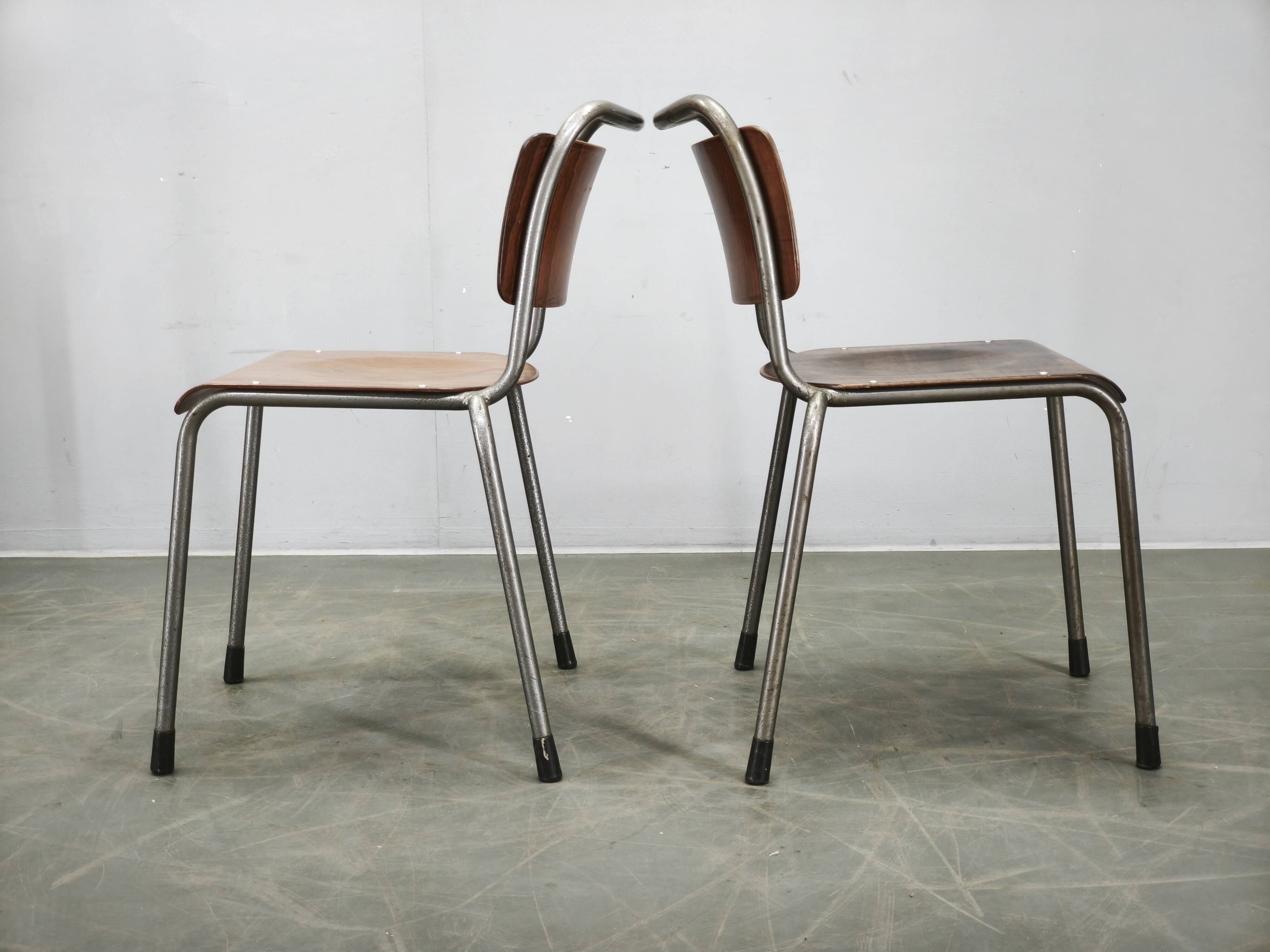 Set of 6 Gispen 106 Dutch Industrial Plywood Chairs, 1960s