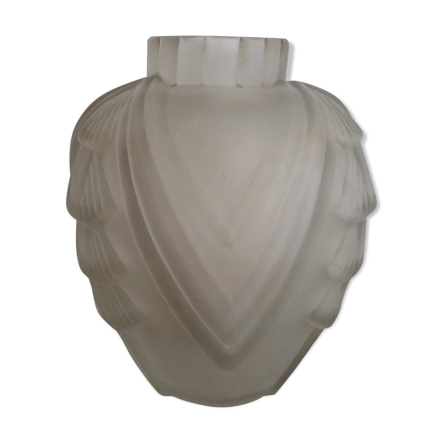 White frosted glass Art Deco vase with geometric patterns