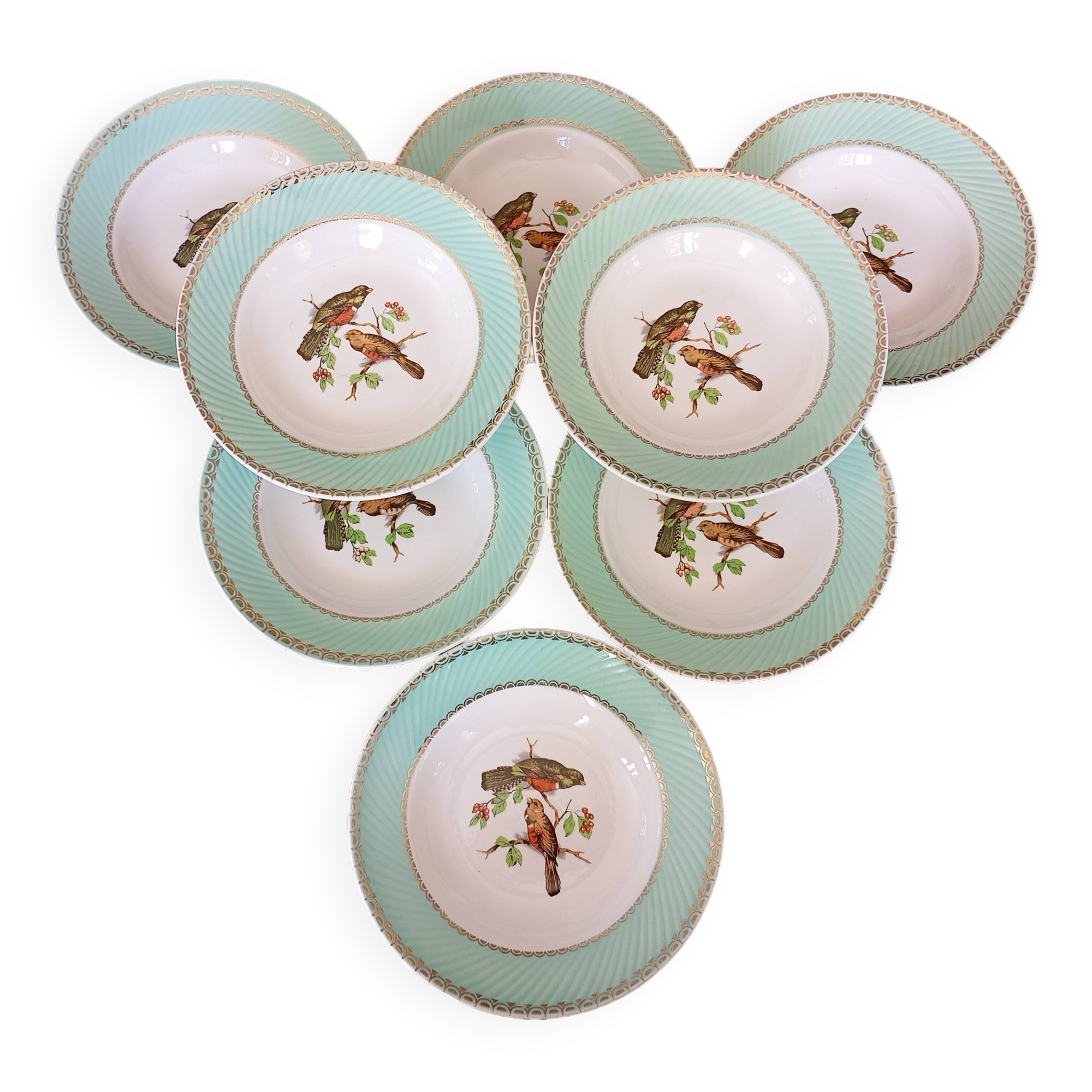 8 assiettes creuses Fenal Badonviller à décor d'oiseaux, années 1950