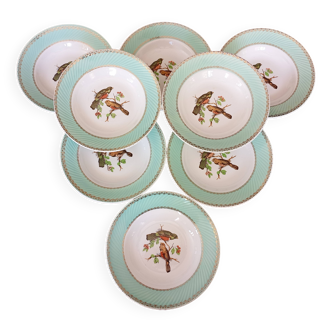 8 soup plates Fenal Badonviller "Birds" vintage 1950s