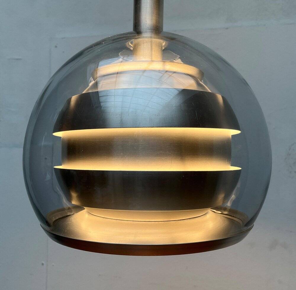 Suspended globe lamp in aluminium and glass in German Space style from the 1960s mid-century by Doria.
