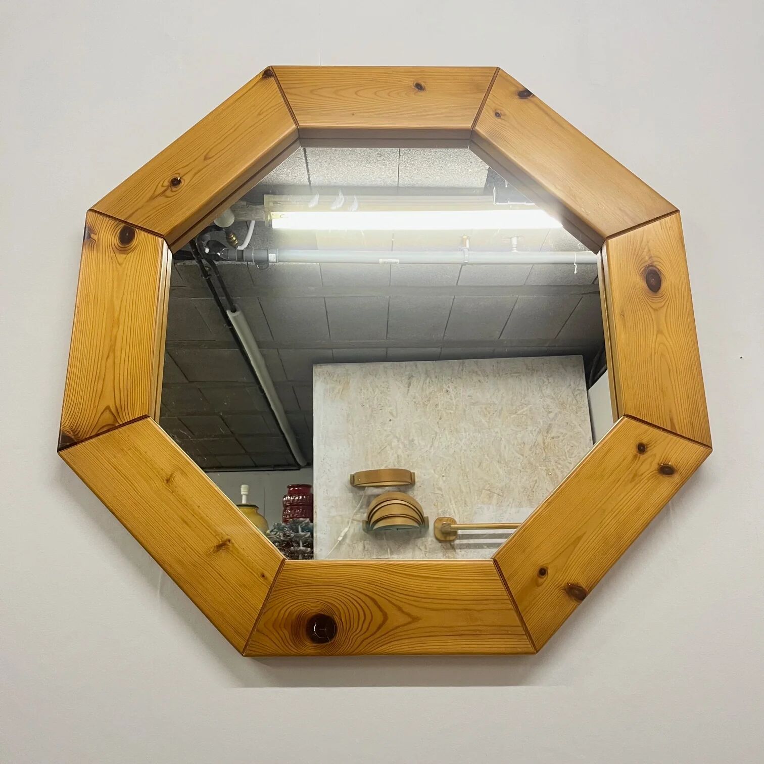 Large octagonal pine mirror, Scandinavian, 1980.