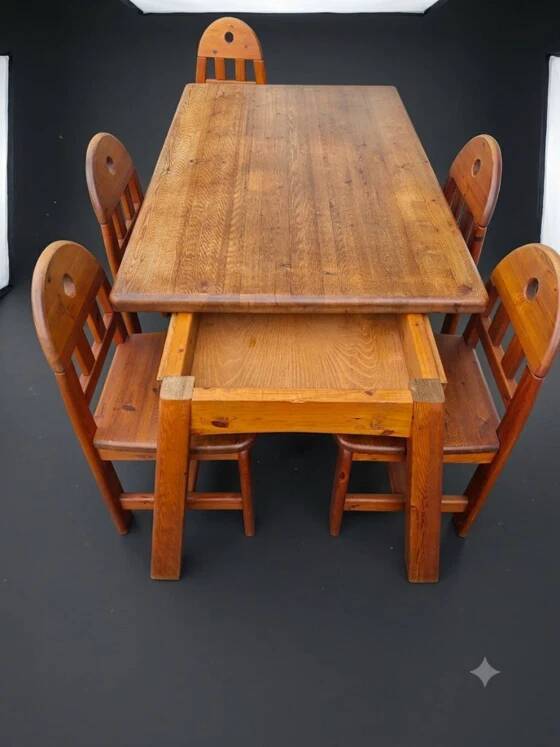 Ensemble de salle à manger de 5 chaises et table en bois massif - Style brutalisme, wabi-sabi, japandi