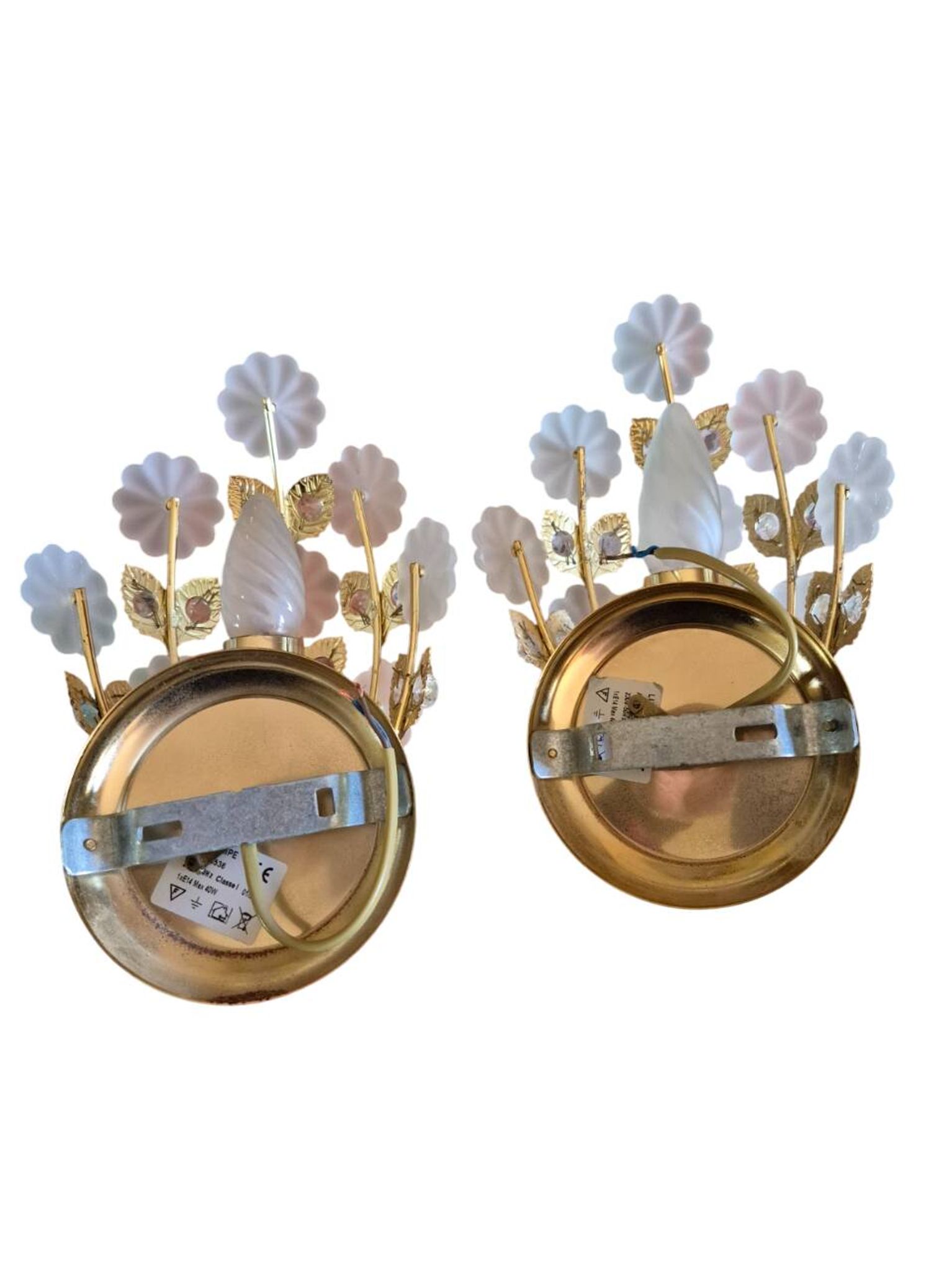 Pair of Banci Florence gold metal and crystal flower wall sconces