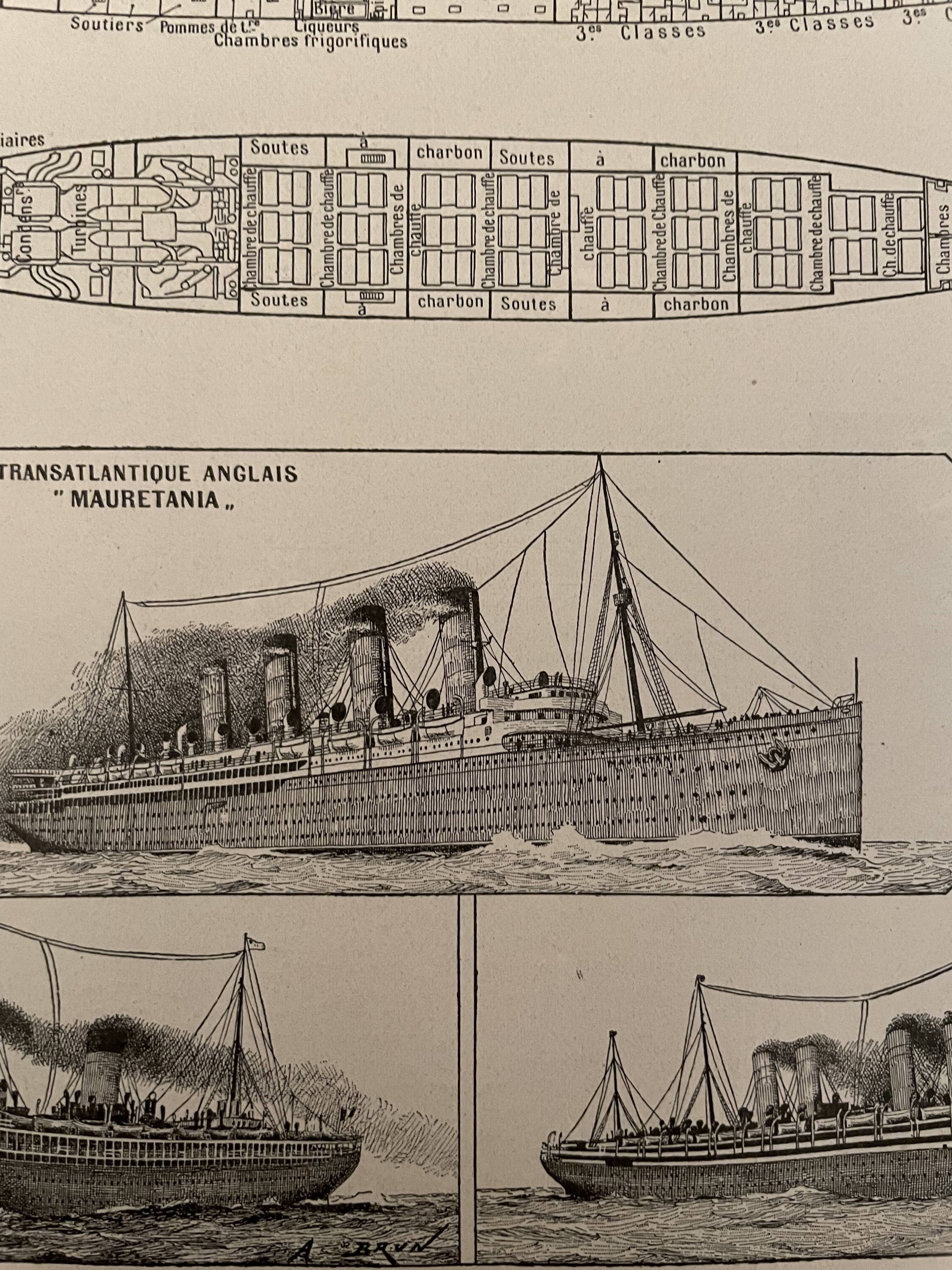 Set of 2 lithographs plan of the transatlantic liner of 1907