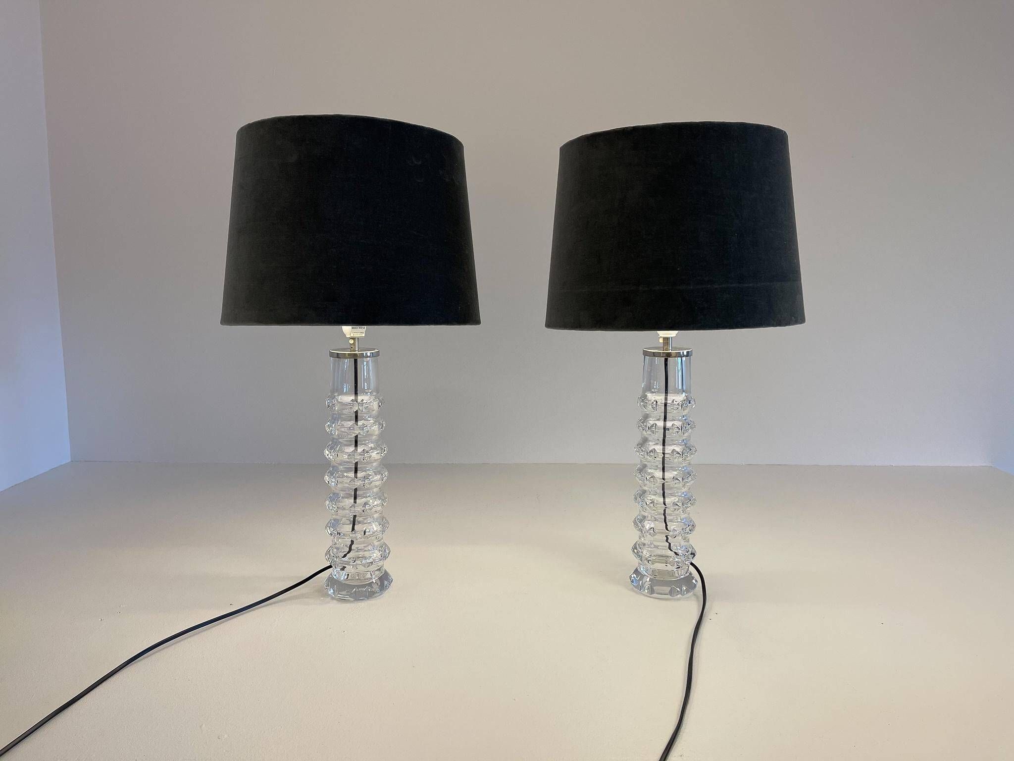 Pair of mid-century crystal lamps by Carl Fagerlund for Orrefors Sweden, 1970s.