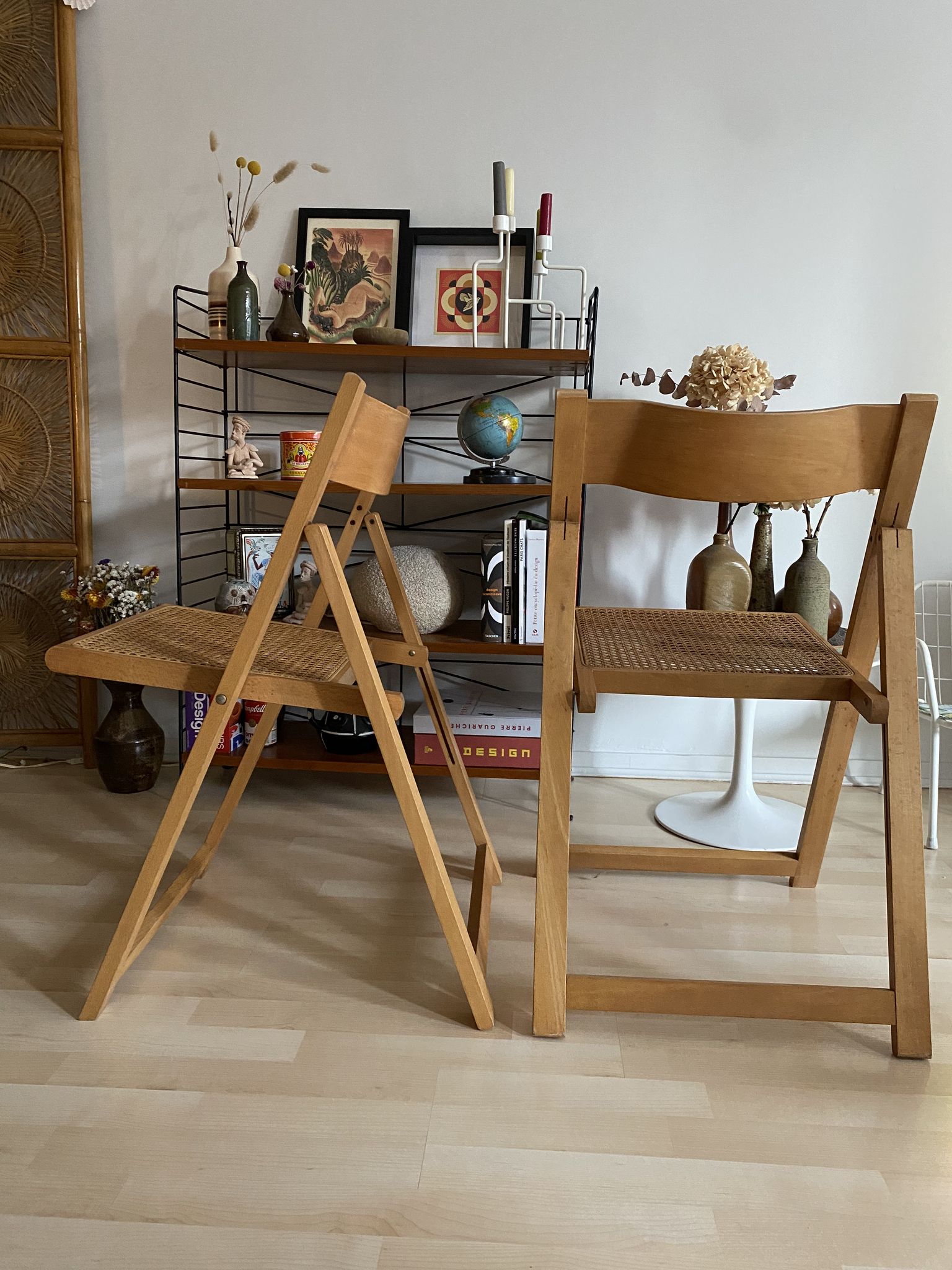 Duo of Italian chairs wood and cannage of the 60s