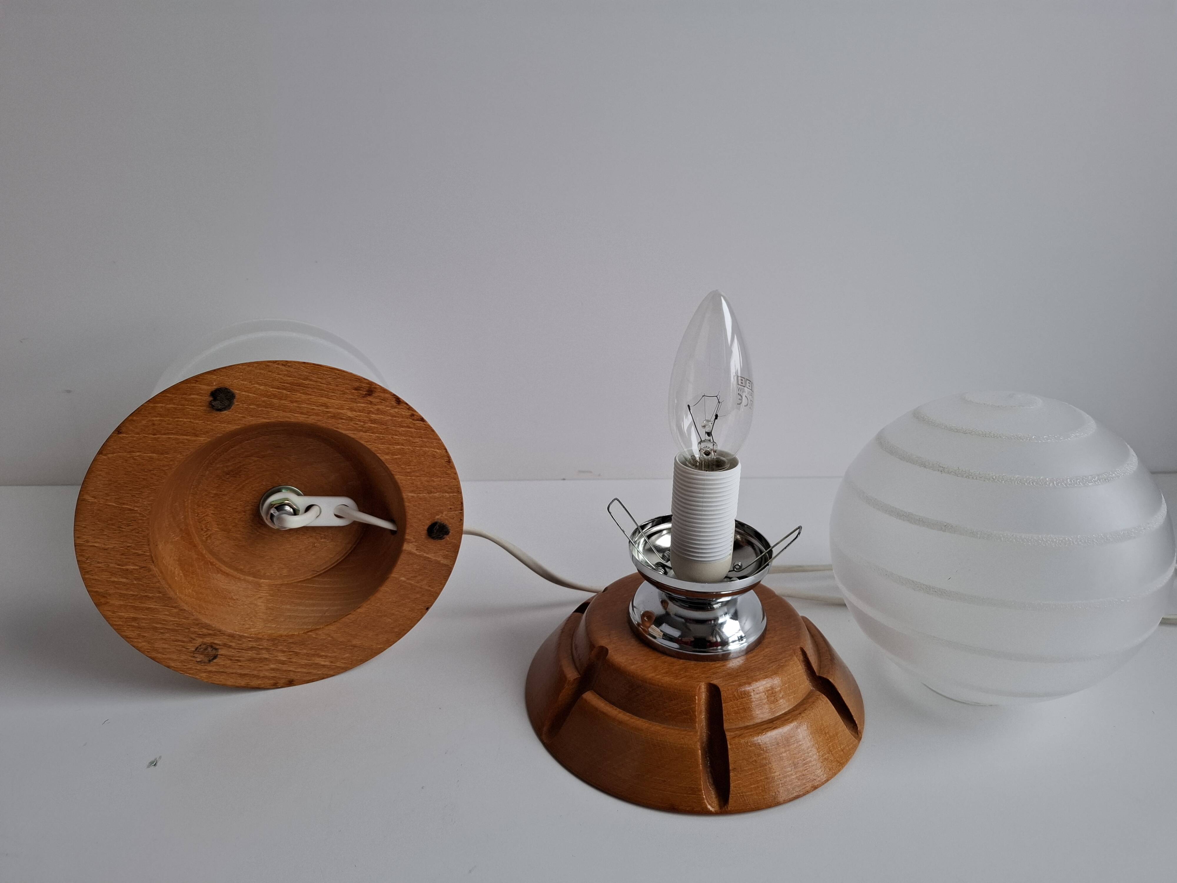 Pair of Mid-Century Czech Wood and Frosted Glass Table Lamps, 1990