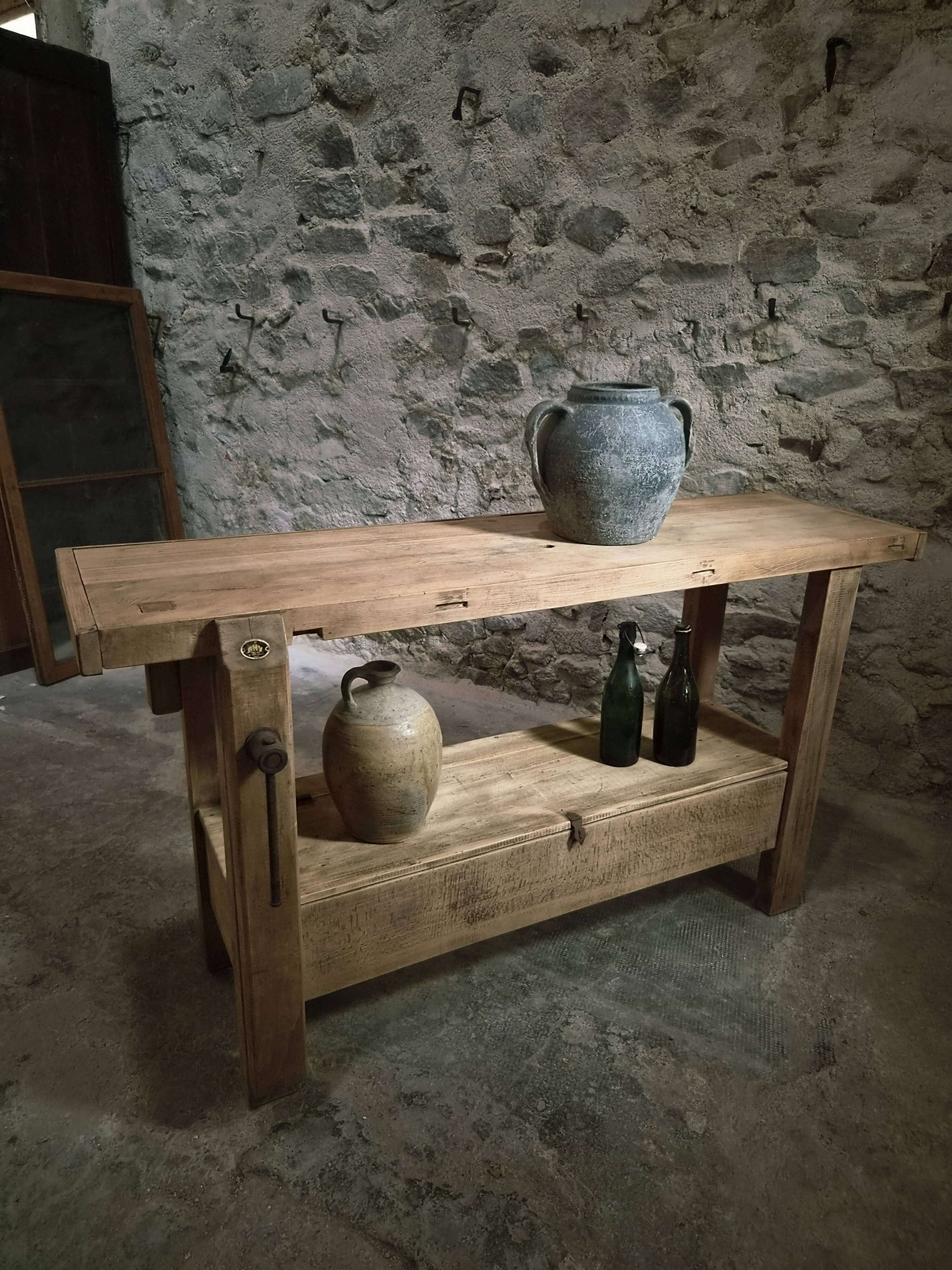 Vintage French beech side table, console, washbasin unit, industrial side table, circa 1950–1970.