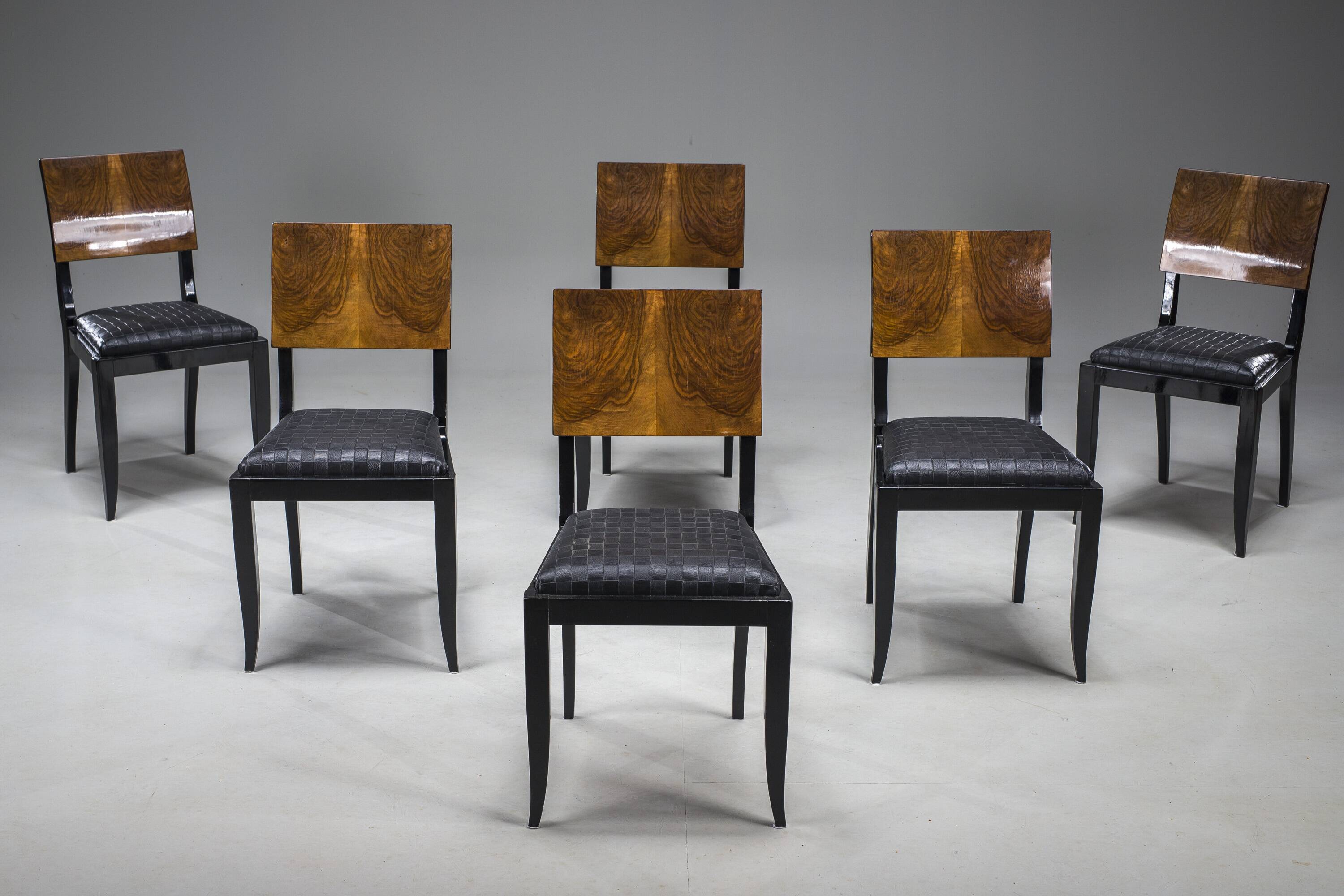 Art Deco French Walnut & Burl Dining Set, 1930s, Set of 7