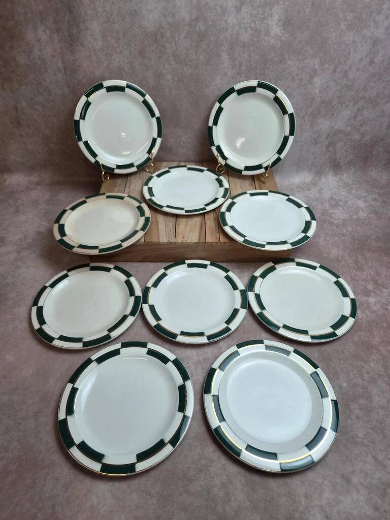 Set of 10 dessert plates Salins – Opaceline Jamier Green – vintage checkered