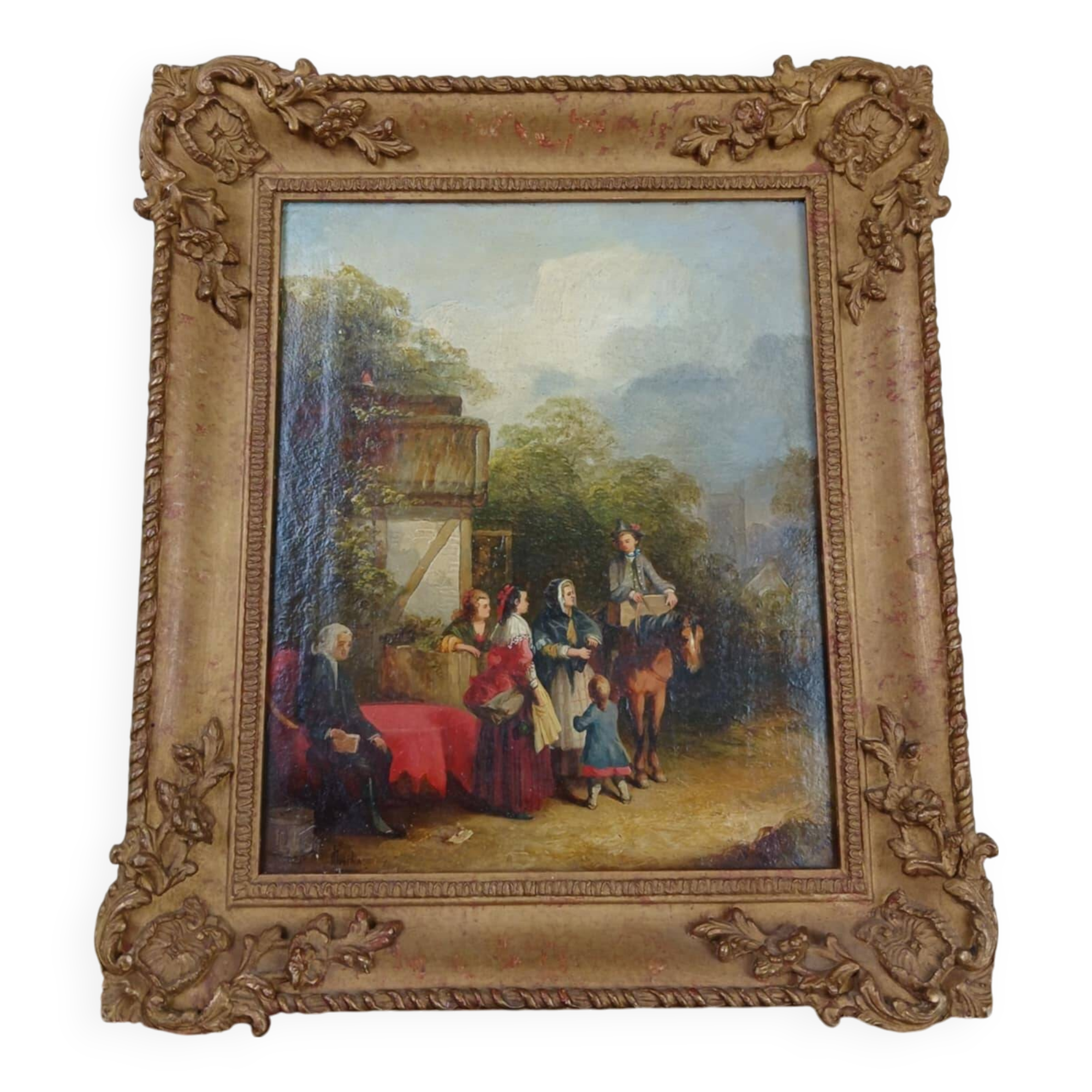 Oil on panel depicting a lively bourgeois scene