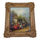 Huile sur panneau figurant une scène bourgeoise animée