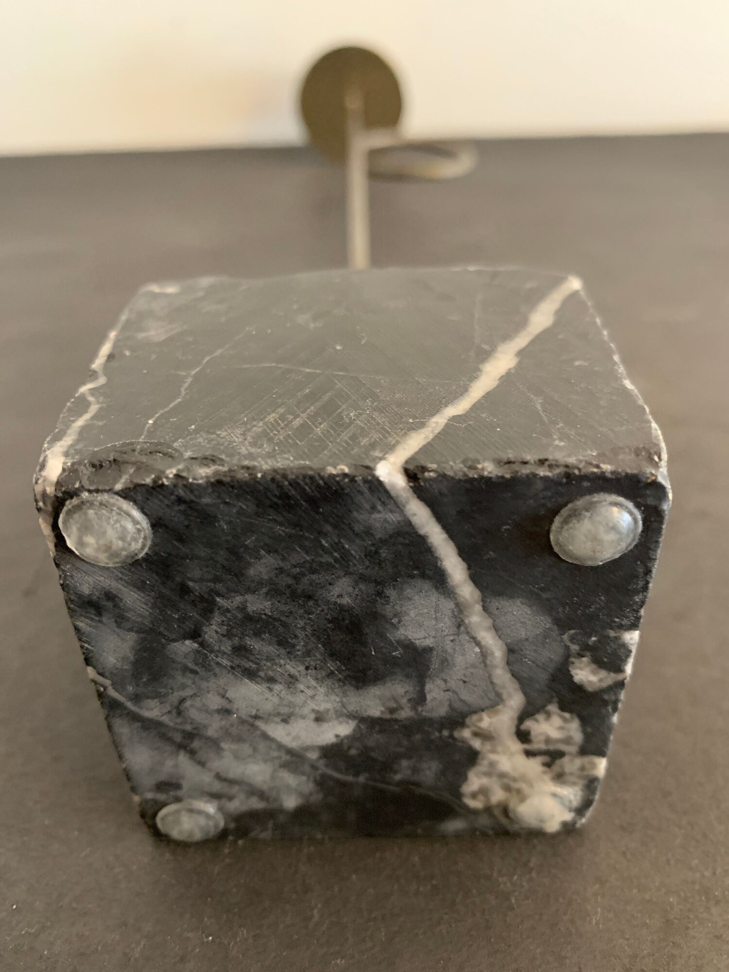 Swedish design candle holder in granite, metal and brass, 1980, height 39 cm