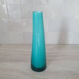 Curved turquoise blue blown glass soliflore vase