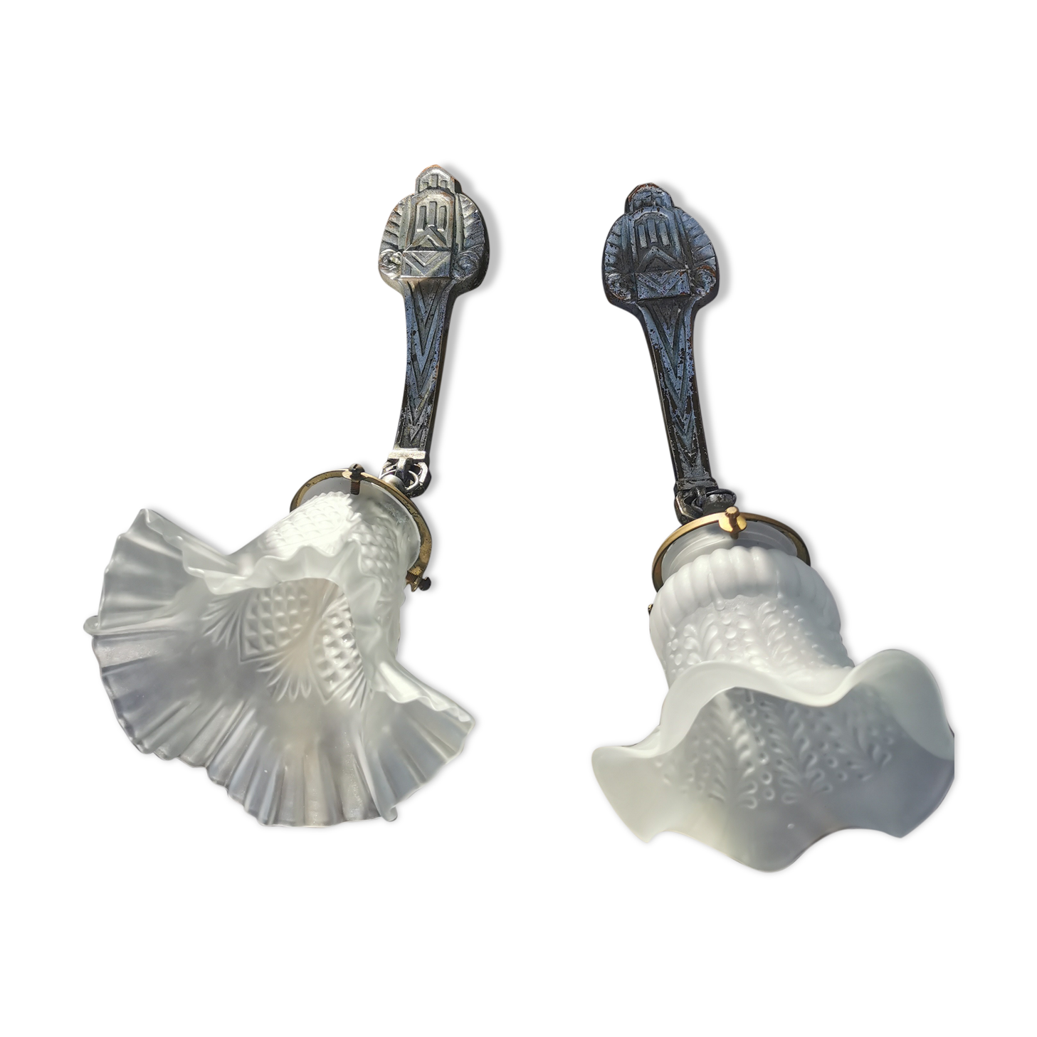 Pair of Art Deco wall lamps glass and metal