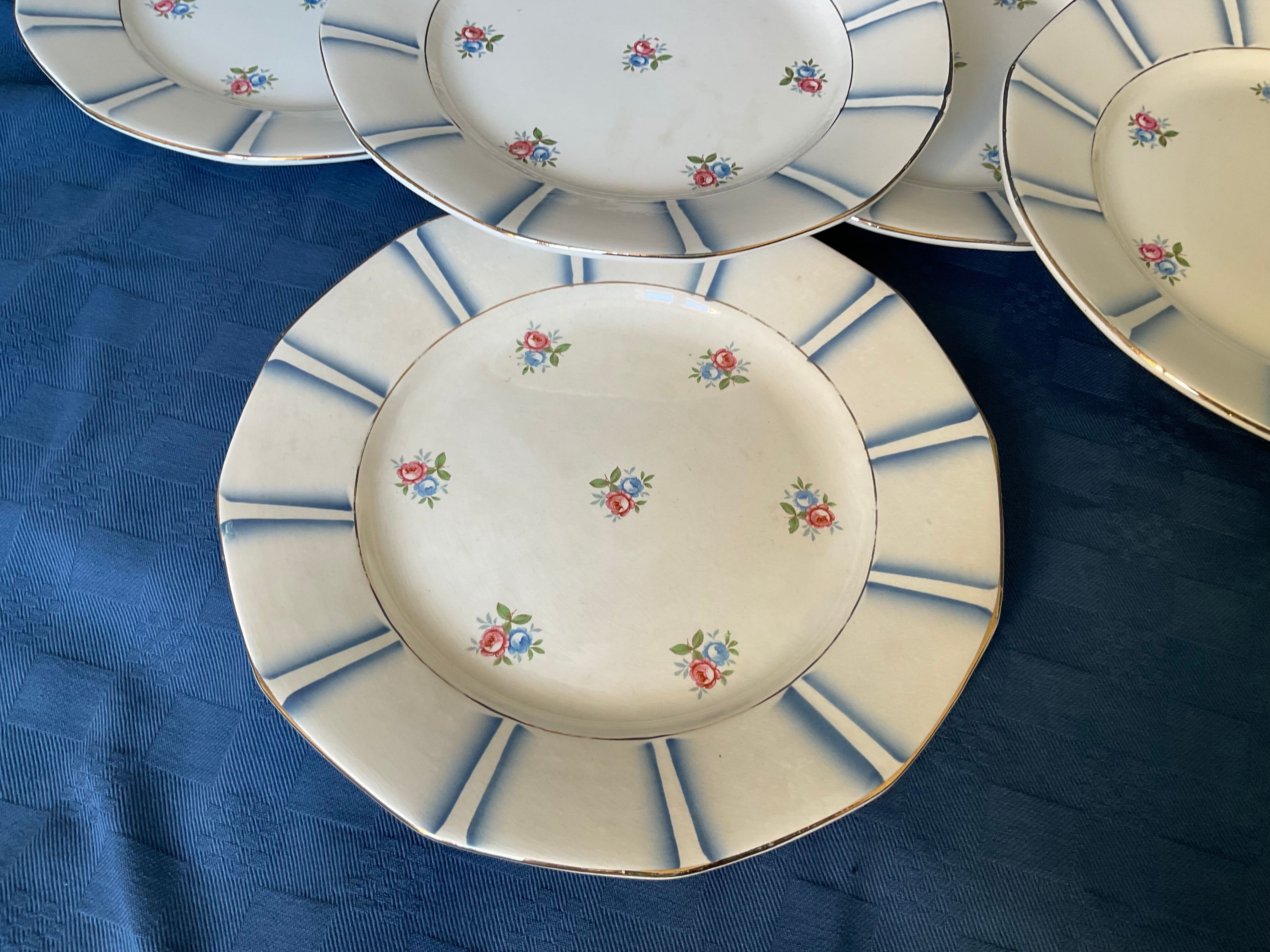 6 vintage octagonal flat plates in floral porcelain, 1960s