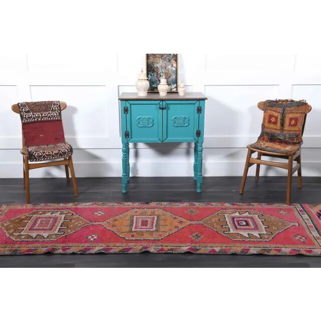 1970s Vintage Turkish Hand-Knotted Wool Cotton Pink Runner Rug