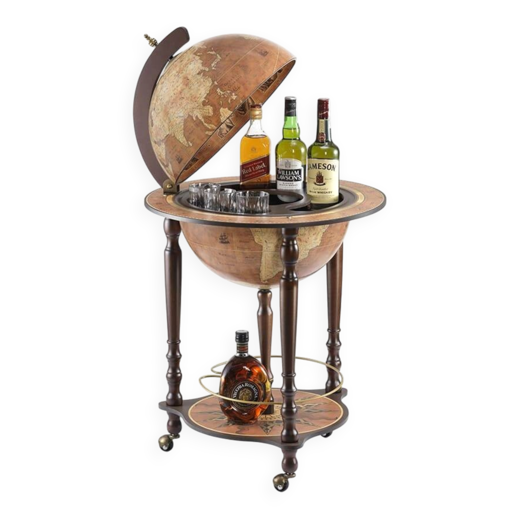 Large bar globe with internal compartment for bottles.