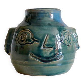 Vase visage anthropomorphe céramique turquoise vintage