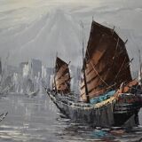 peinture marine voiliers bord de mer en Asie HSP signé
