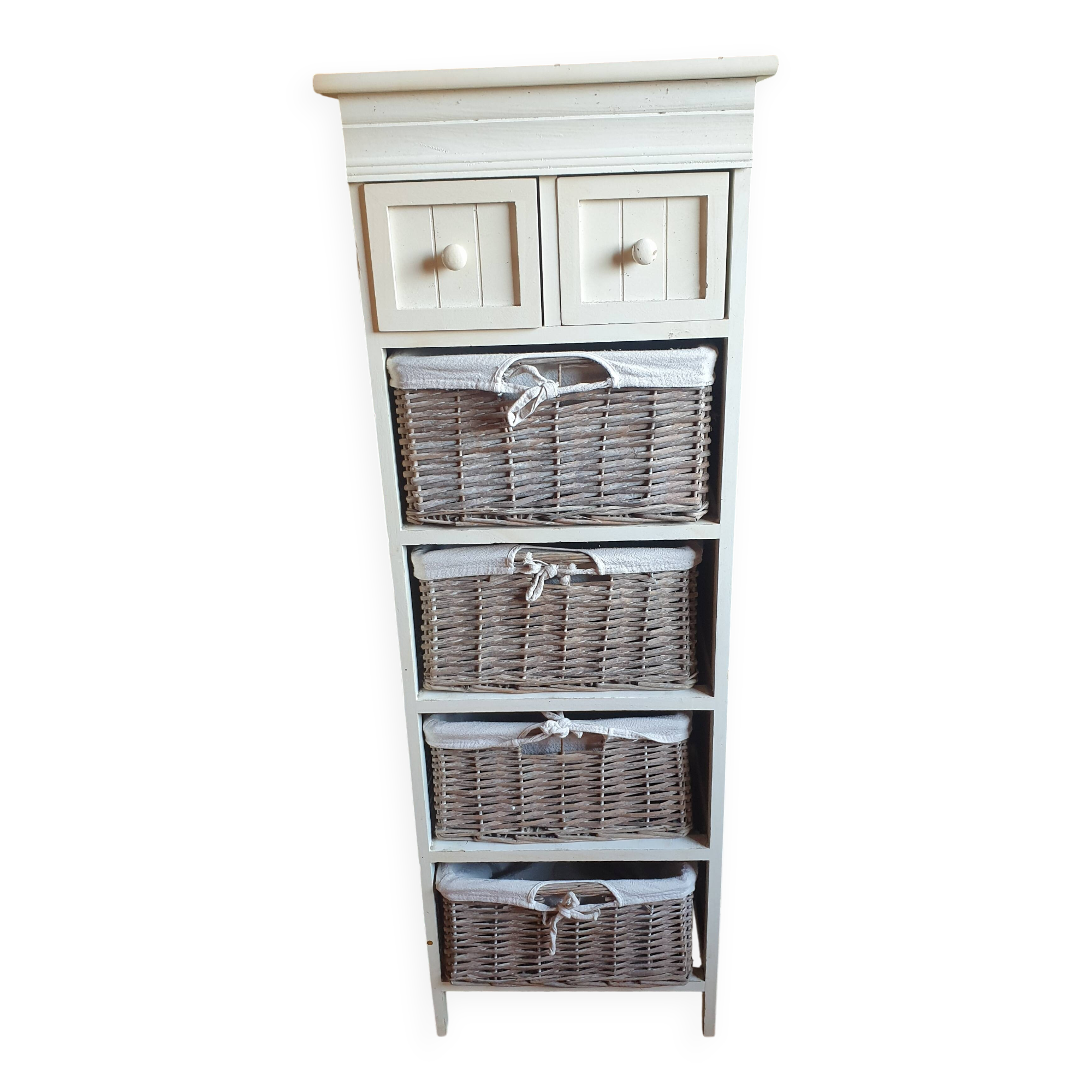 chiffonier, linen chest of drawers made of wood, wicker and fabric