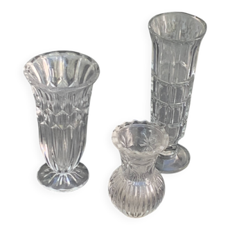 ot de 3 vases soliflores en verre transparent, vintage