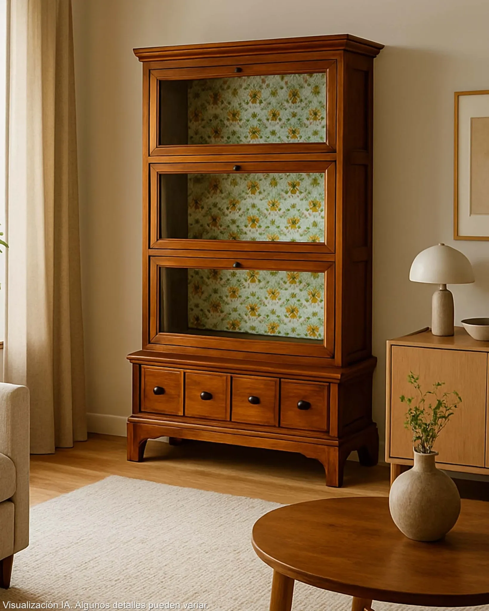 Globe-Wernicke display cabinet in walnut, 3 modules and drawer.