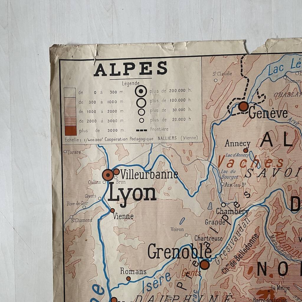 Vintage school map 1950 double-sided "The Alps / The Pyrenees"