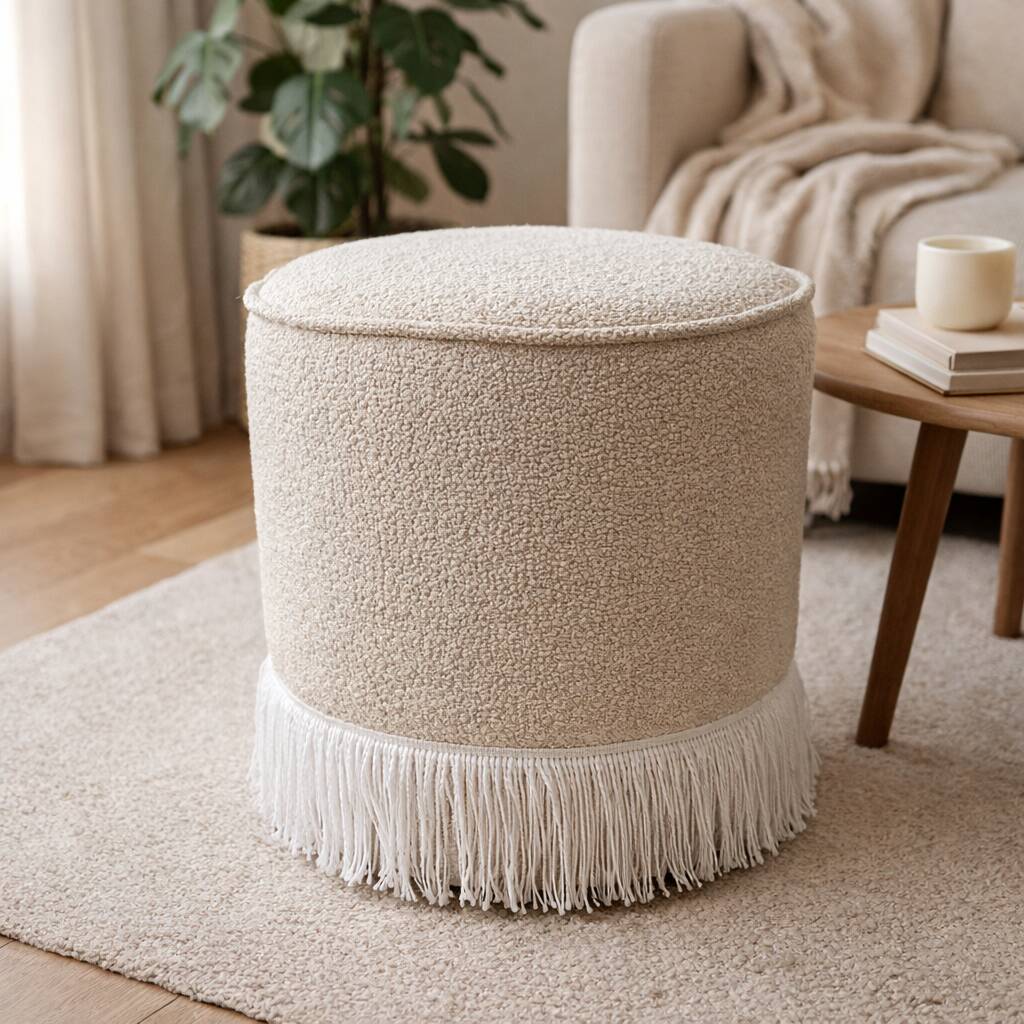 Round Ottoman with Fringe Bottom, Cream Boucle Upholstered Pouf