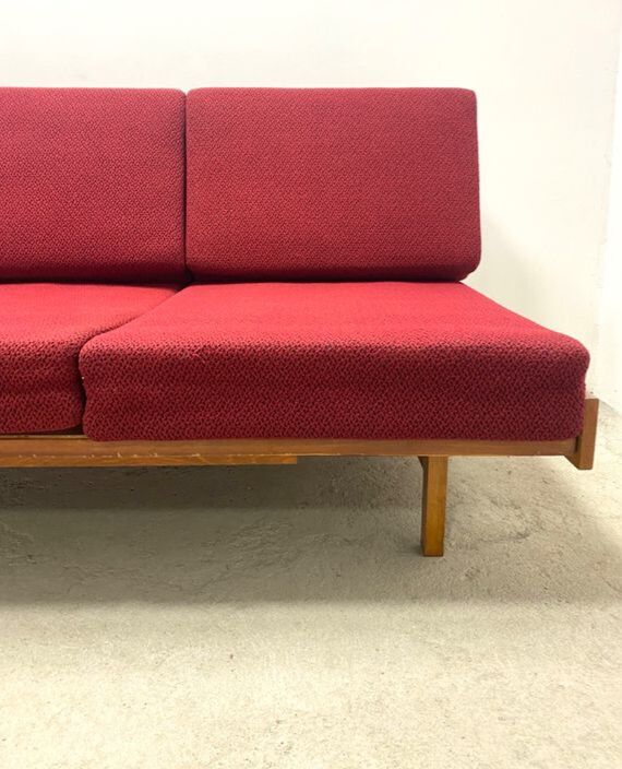 Beech sofa bed & red fabric by Drevotar Czech vintage 1960s