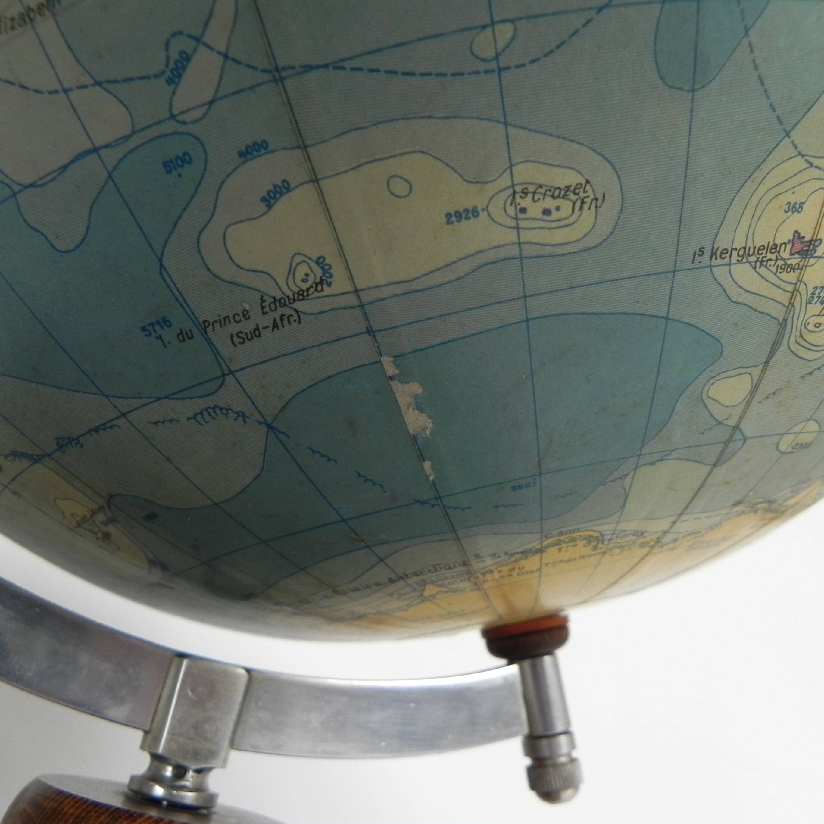 Paper mache globe on wooden base, 1960s