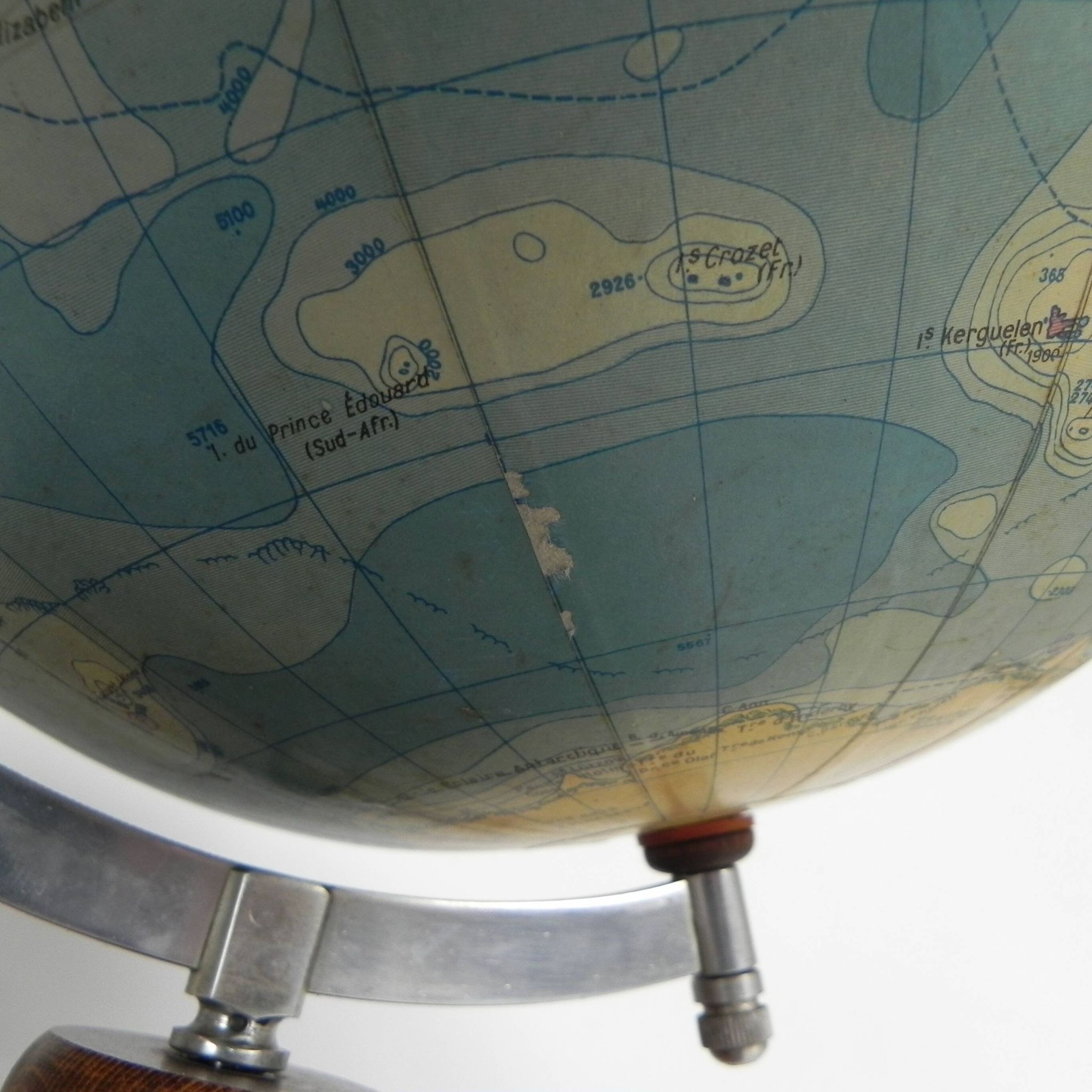 Paper mache globe on wooden base, 1960s