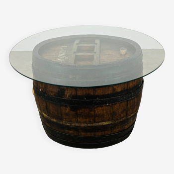 Cognac barrel table, wood and glass